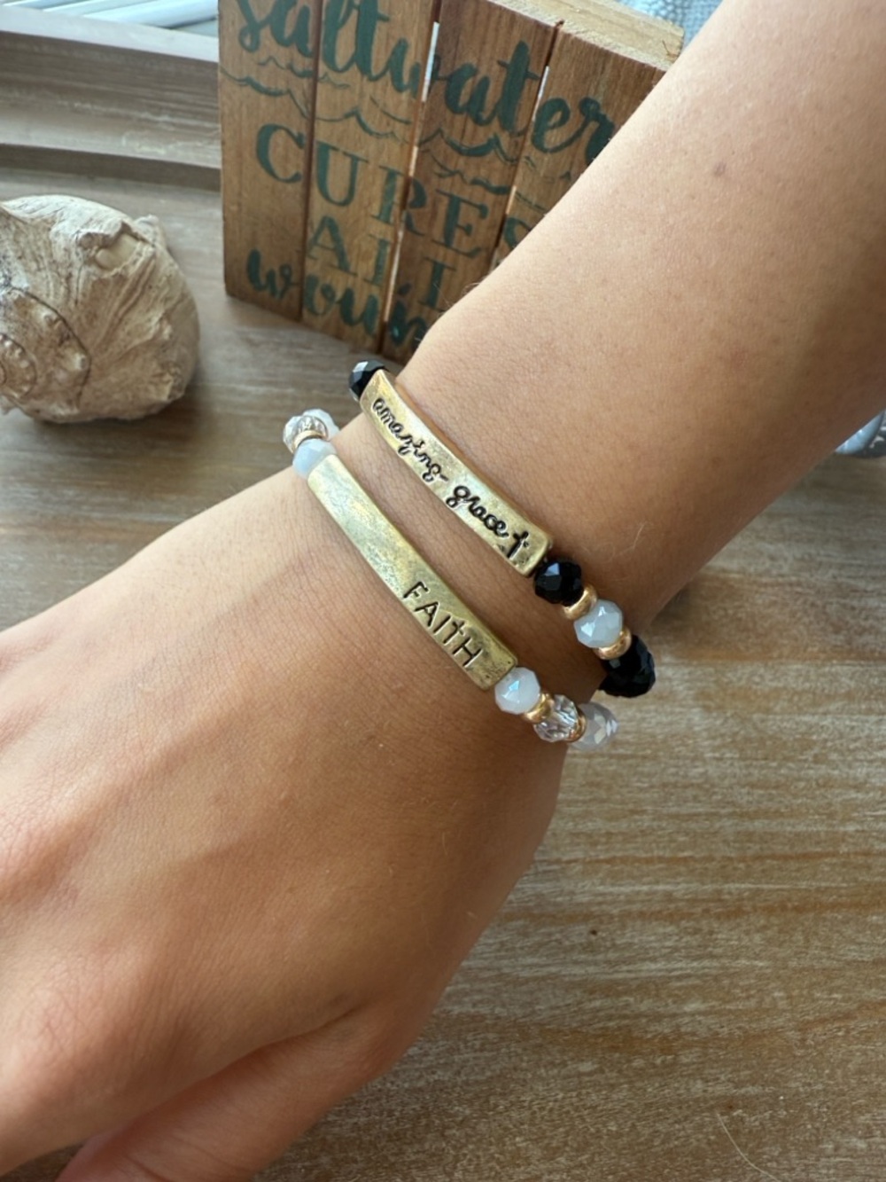 FAITH Beaded Stretch Bracelet with Gold Bar - Picture 6 of 8